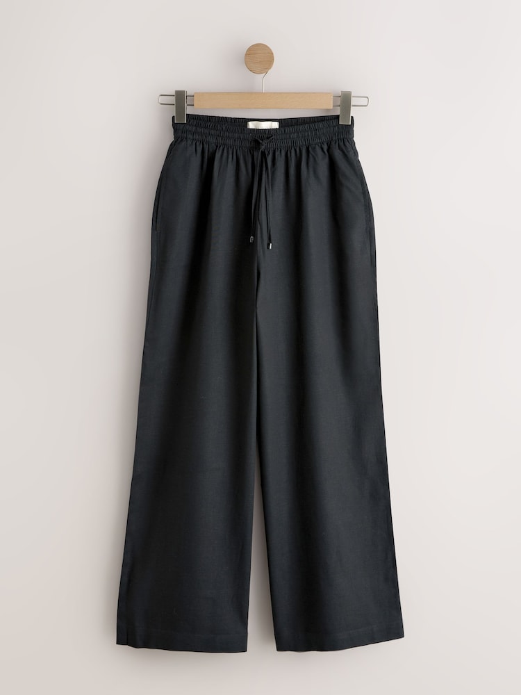 Black Pull On Wide Leg Trousers With Linen - Image 1 of 3