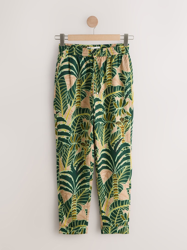 Green/Yellow Palm Print - Suruali Iliyofungwa kwa Mguu na Kitani - Picha 1 kati ya 3