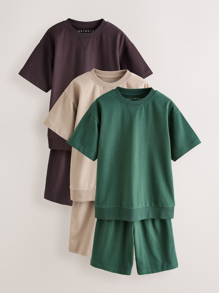 Cement/Green/Brown Plain Shorts Pyjamas 3 Pack (3-16yrs) - Image 1 of 7 Cement/Green/Brown Plain Shorts Pyjamas 3 Pack (3-16yrs) - Image 1 of 7