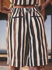 Ecru/Navy/Brown Stripe Linen Blend Bermuda Shorts - Image 4 of 8