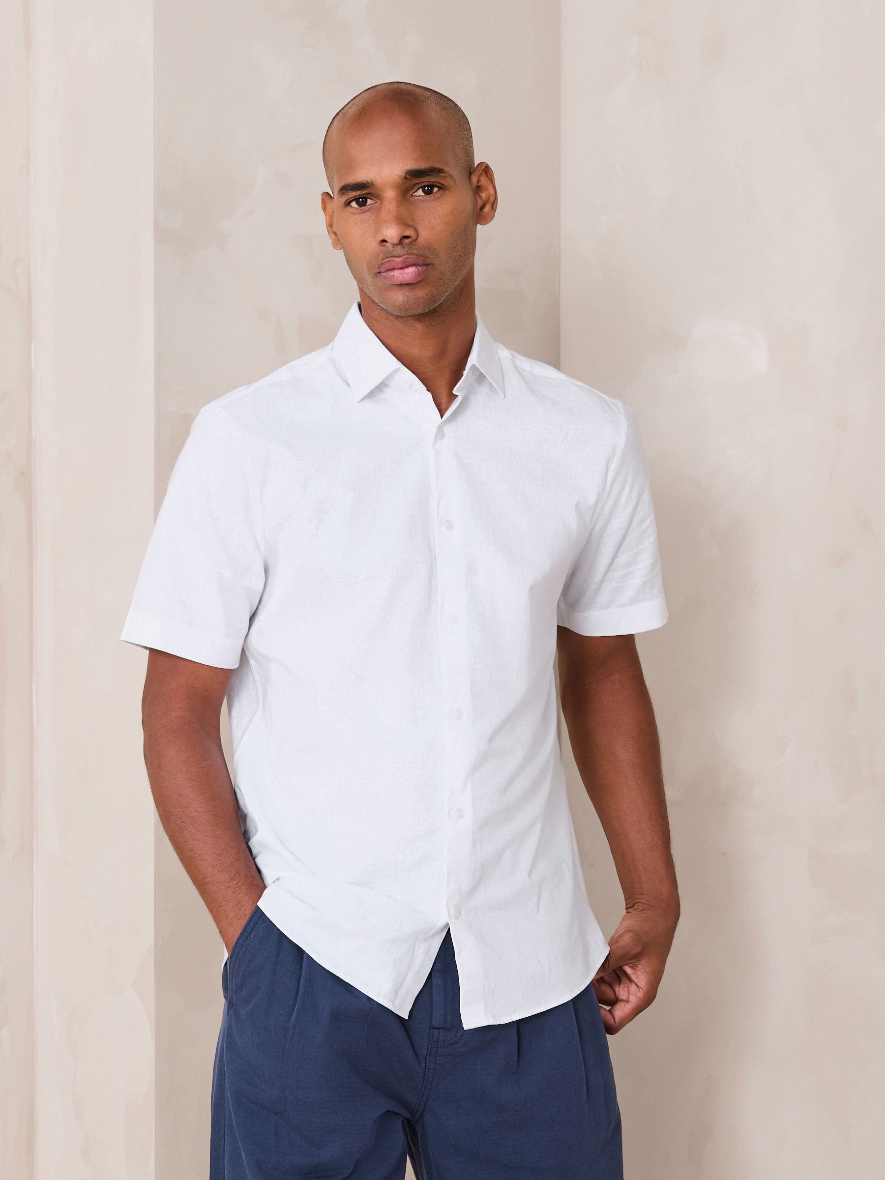 Buy White Regular Fit N. Premium Cotton Linen Blend Short Sleeve