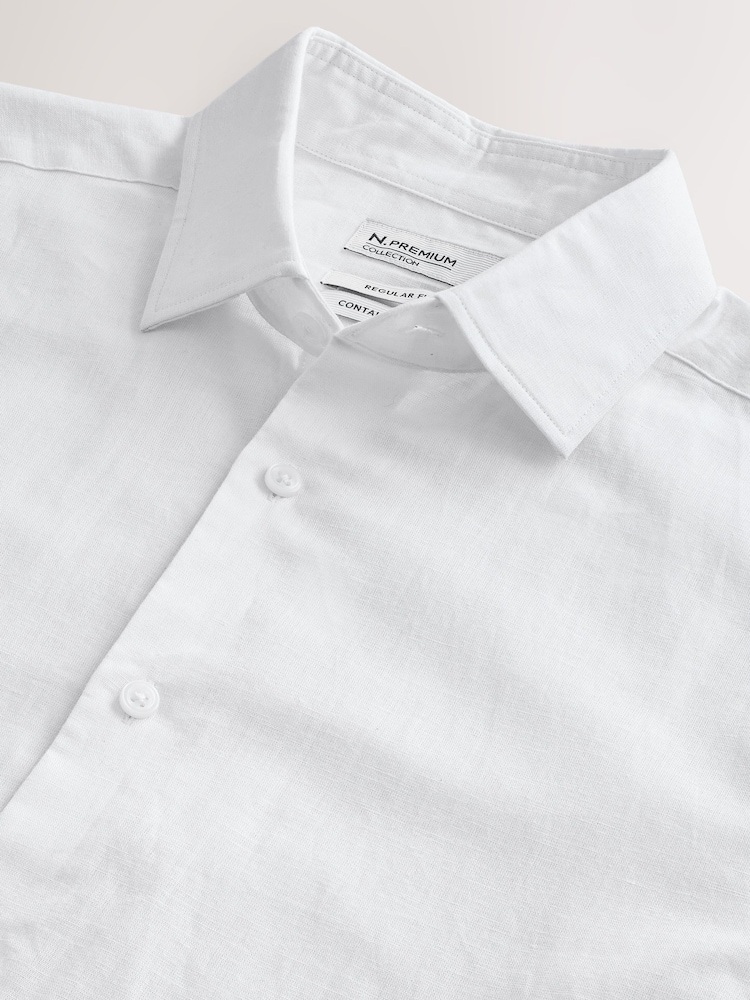 白色 - N. Premium Cotton Linen Blend Short Sleeve Smart Shirt - 7的图像7｝