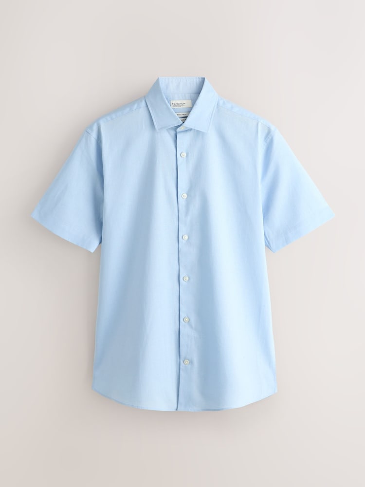 蓝色 - N. Premium Cotton Linen Blend Short Sleeve Smart Shirt - 3的图像1｝