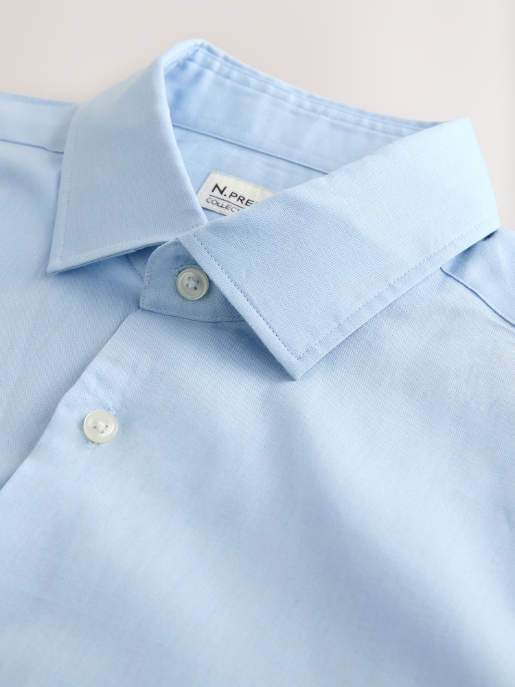 蓝色 - N. Premium Cotton Linen Blend Short Sleeve Smart Shirt - 3的图像2｝
