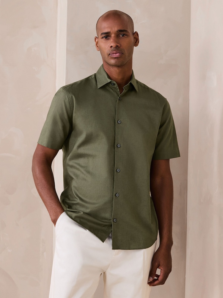 橄榄绿 - N. Premium Cotton Linen Blend Short Sleeve Smart Shirt - 6的图像1｝