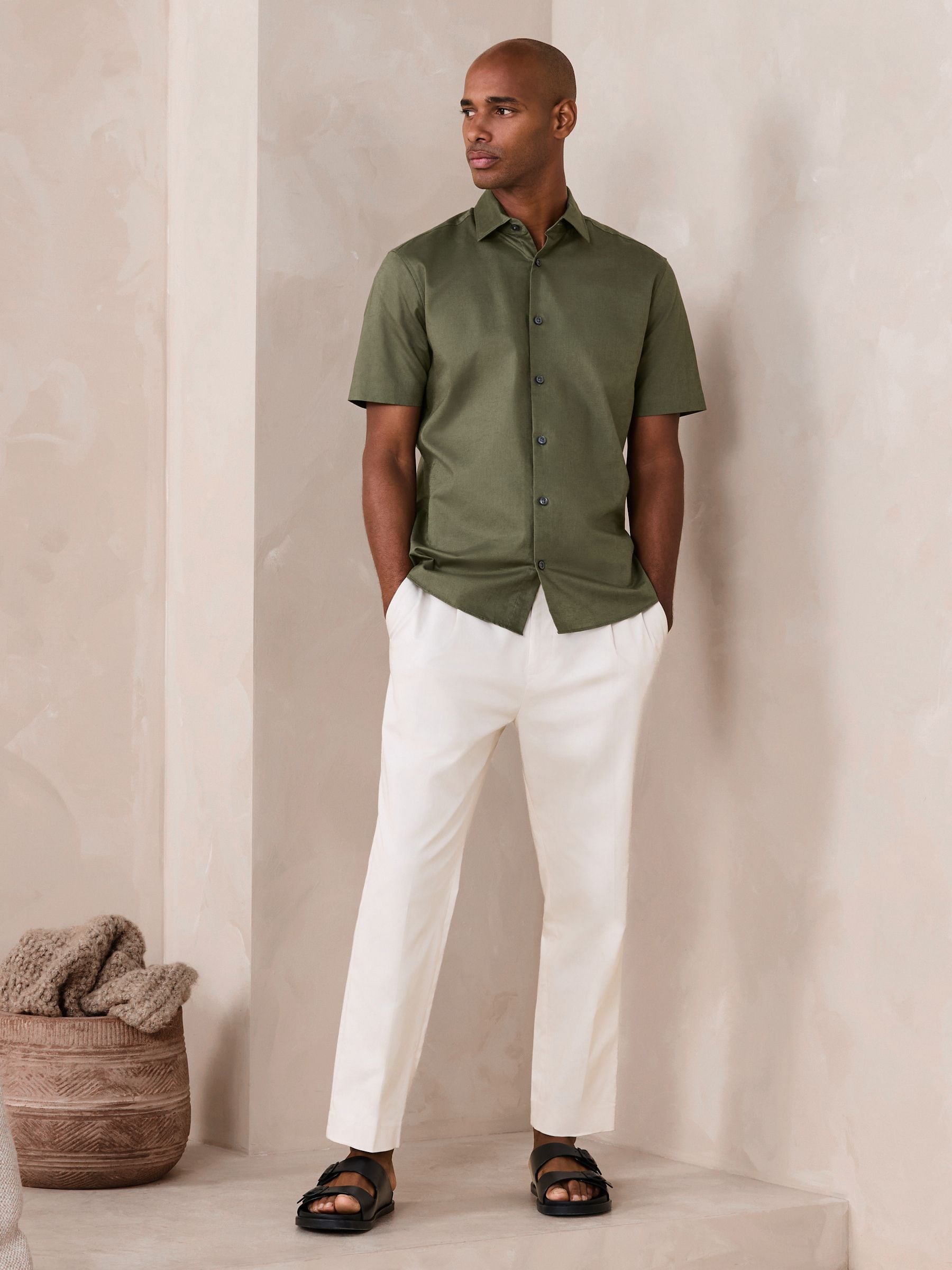 Buy Olive Green Regular Fit Cotton Linen Blend Short Sleeve Smart
