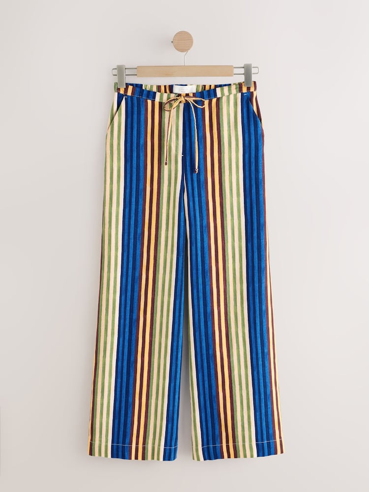 Ochre/Blue Linen Blend Wide Leg Trousers - Image 1 of 4