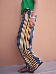 Ochre/Blue Linen Blend Wide Leg Trousers - Image 6 of 10