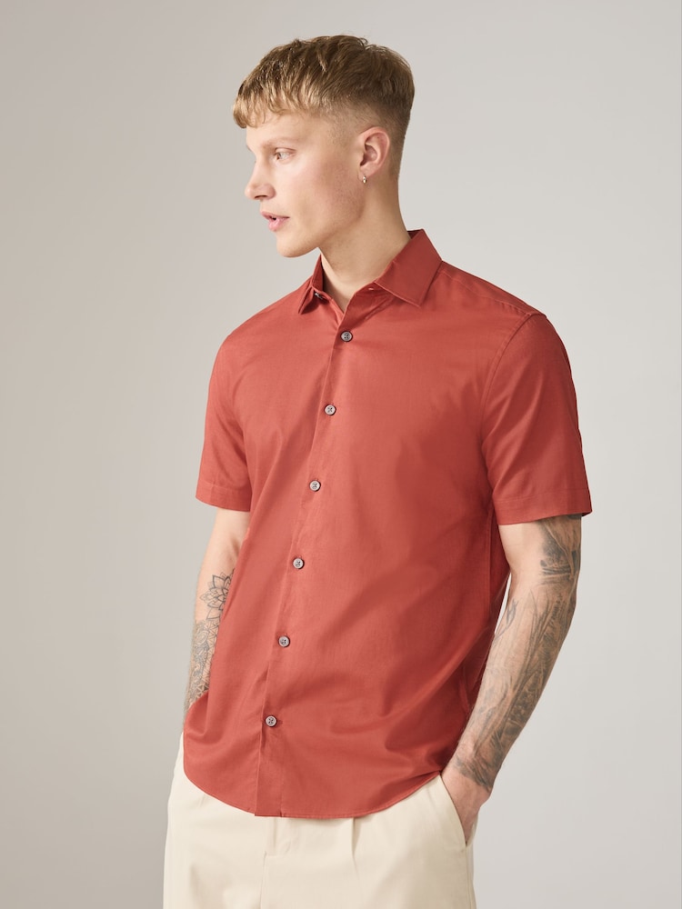 锈棕色 - N. Premium Cotton Linen Blend Short Sleeve Smart Shirt - 7的图像1｝