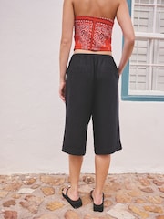 Qara - Kətan Qarışığı Diz Uzunluğunda Dartılan Şortlar - 8şəkildən 4 şəkil