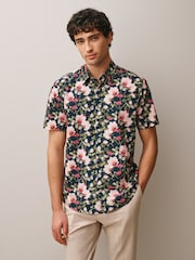 Navy/Pink Floral Regular Fit Kew Garden Print Short Sleeve Shirt - Image 1 of 8