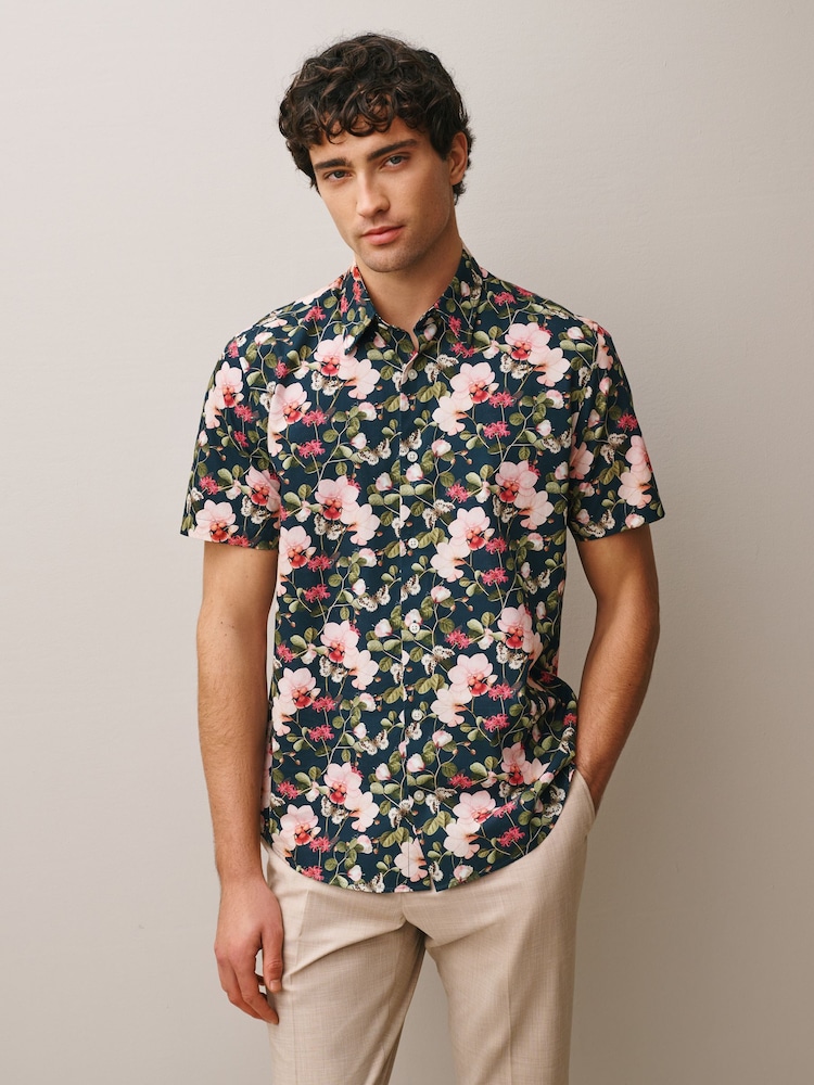 Navy/Pink Floral Regular Fit Kew Garden Print Short Sleeve Shirt - Image 1 of 8