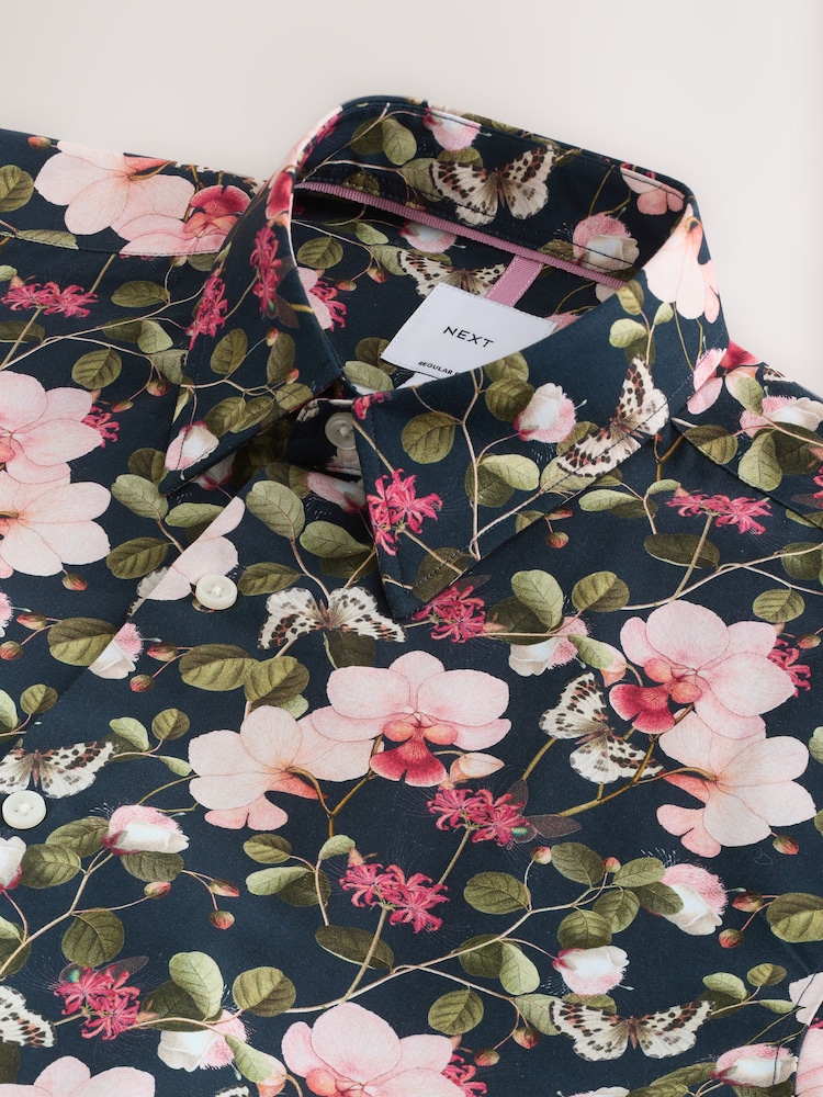 Navy/Pink Floral Regular Fit Kew Garden Print Short Sleeve Shirt - Image 8 of 8