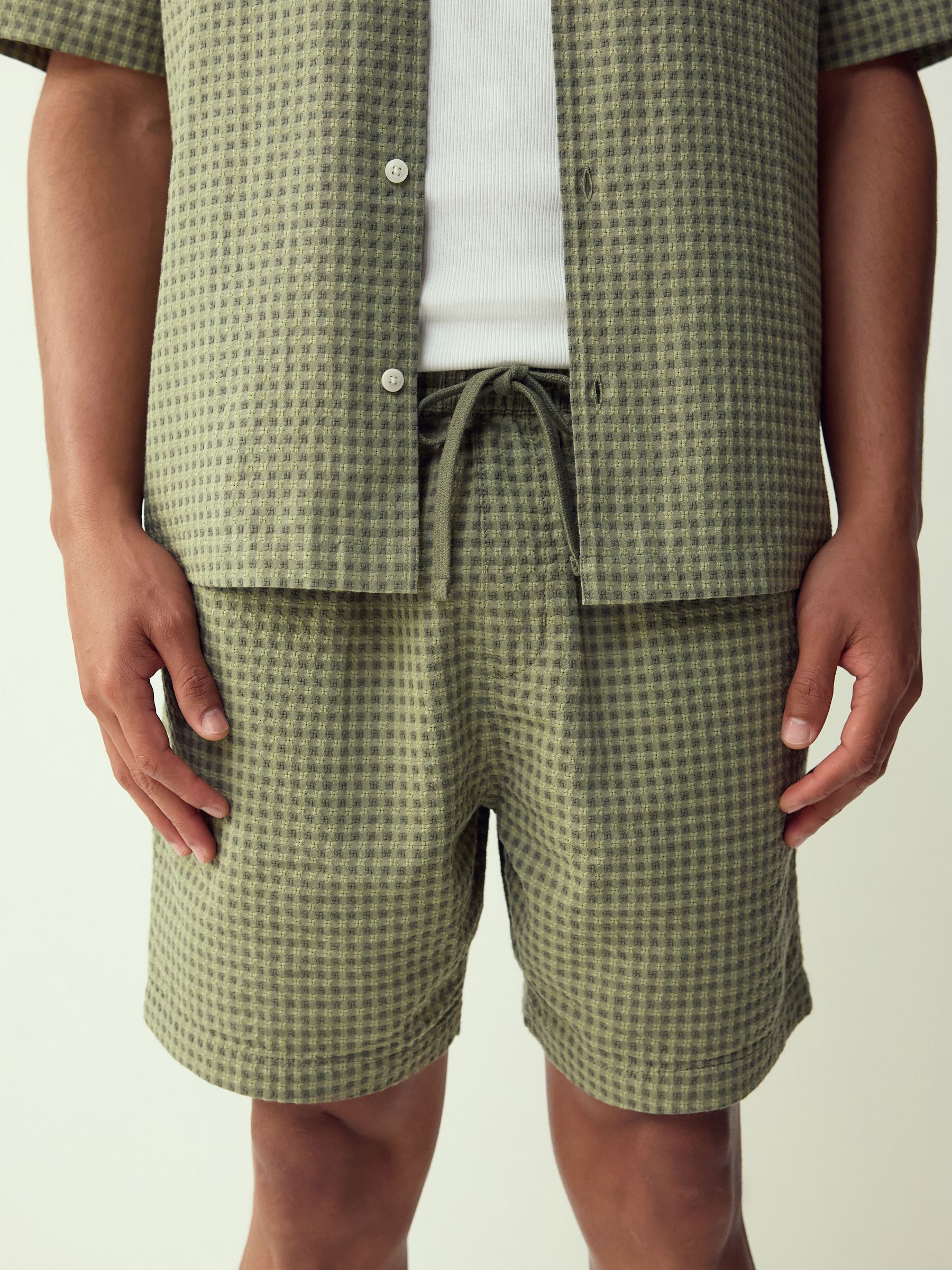Buy Khaki Green Seersucker Gingham Lightweight Drawstring Shorts