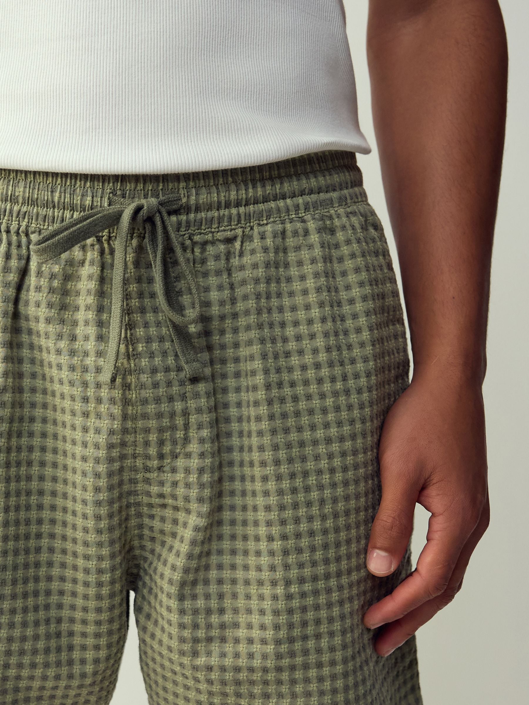 Buy Khaki Green Seersucker Gingham Lightweight Drawstring Shorts