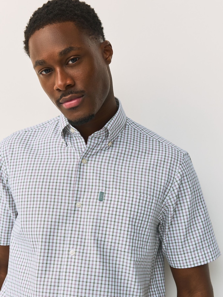 White/Green/Pink Tattersall Check Slim Fit Easy Iron Button Down Short Sleeve Oxford Shirt - Image 1 of 7