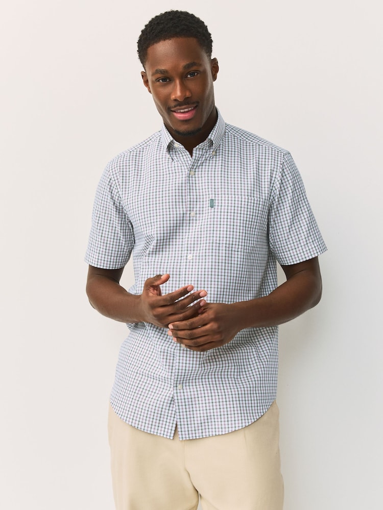 White/Green/Pink Tattersall Check Slim Fit Easy Iron Button Down Short Sleeve Oxford Shirt - Image 2 of 7