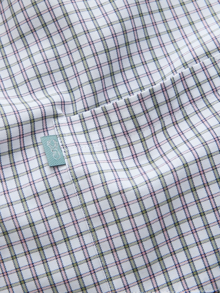 White/Green/Pink Tattersall Check Slim Fit Easy Iron Button Down Short Sleeve Oxford Shirt - Image 7 of 7