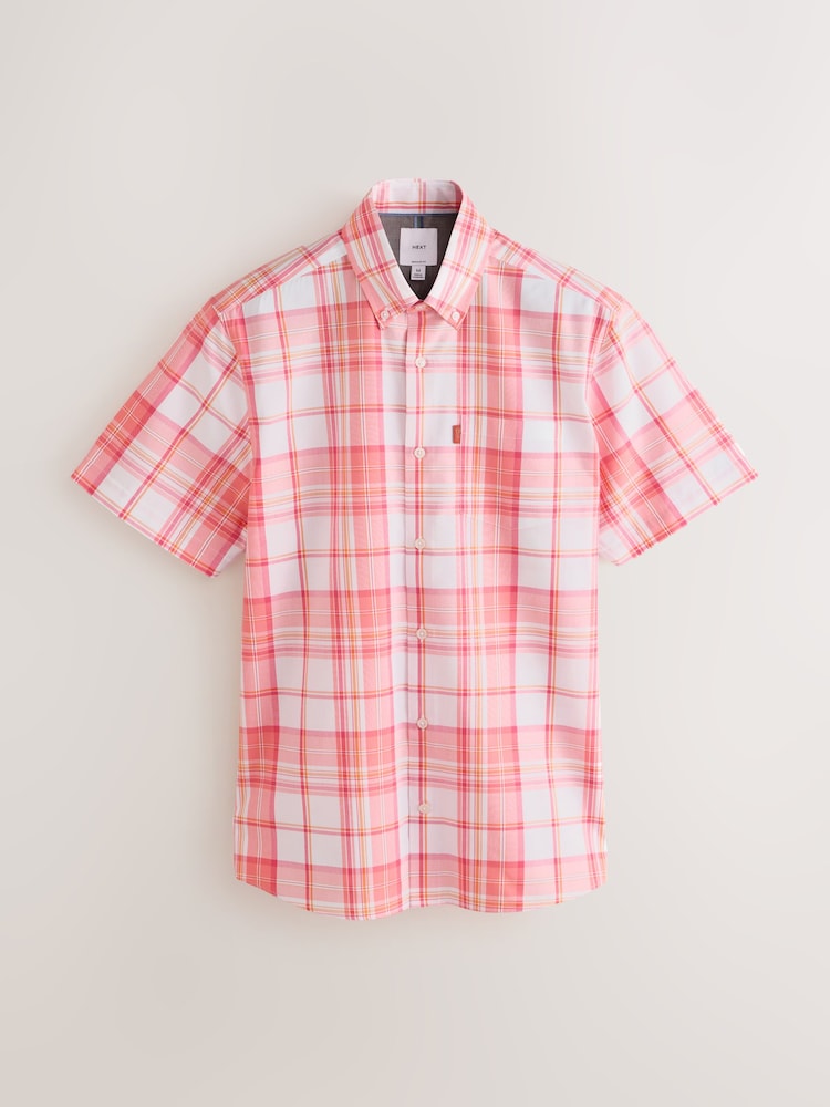 Coral Pink Madras Check Regular Fit Easy Iron Button Down Short Sleeve Oxford Shirt - Image 1 of 3
