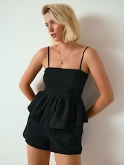 Black Textured Shorts with Linen - Image 1 of 8