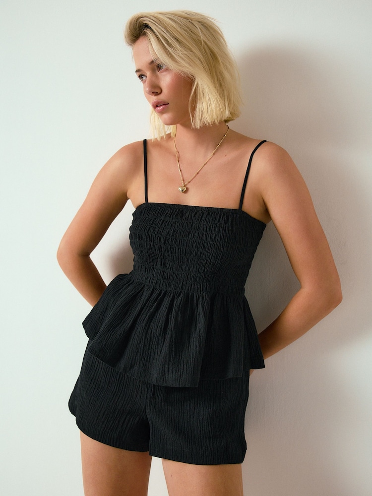 Black Textured Shorts with Linen - Image 1 of 8