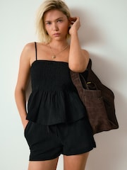 Black Textured Shorts with Linen - Image 2 of 8