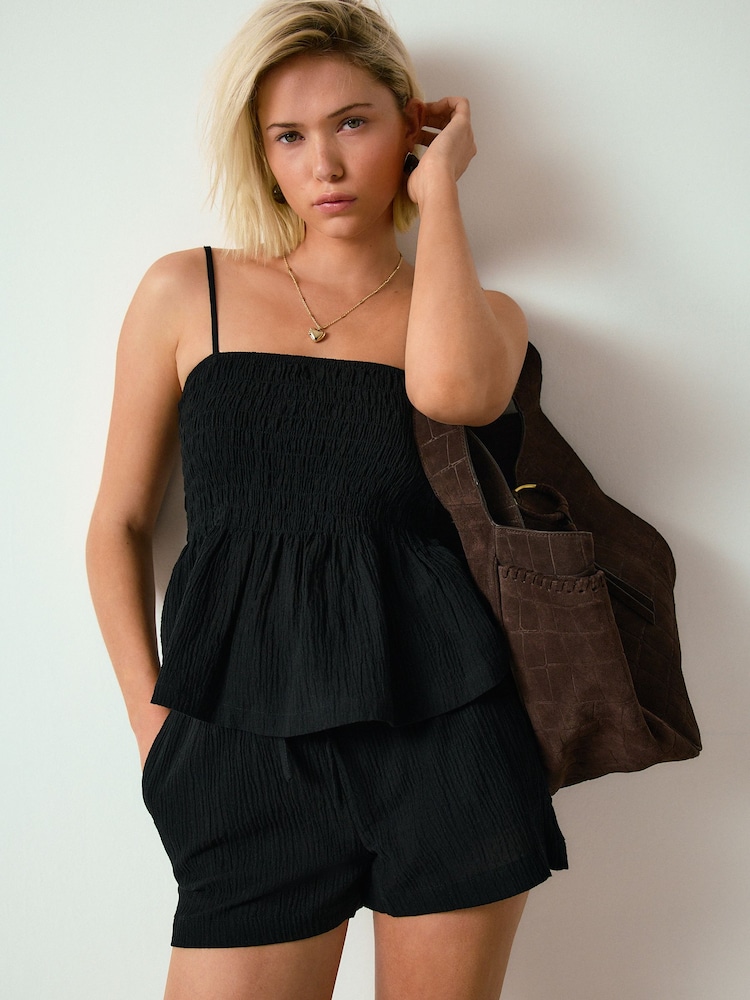 Black Textured Shorts with Linen - Image 2 of 8