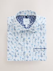 White/Blue Floral Regular Fit 100% Cotton Short Sleeve Print Shirt with Trim - Image 1 of 3