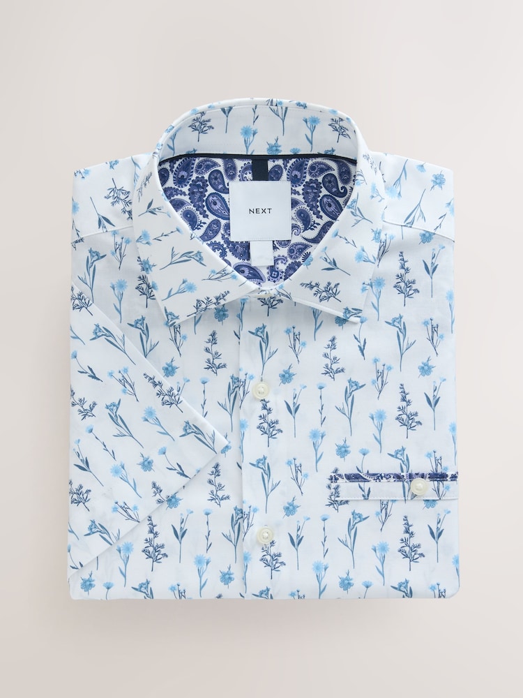 White/Blue Floral Regular Fit 100% Cotton Short Sleeve Print Shirt with Trim - Image 1 of 3