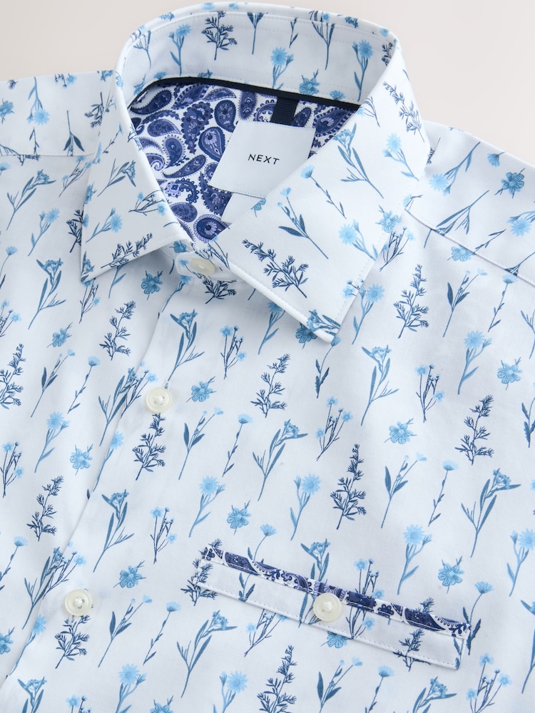 White/Blue Floral Regular Fit 100% Cotton Short Sleeve Print Shirt with Trim - Image 2 of 3