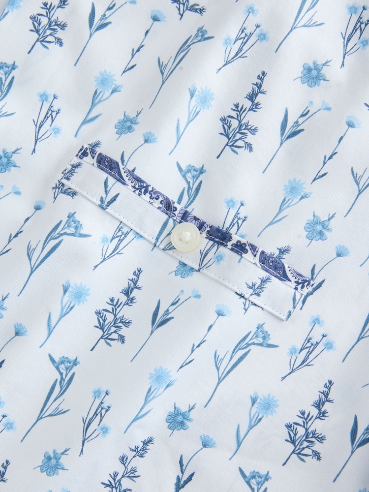 White/Blue Floral Regular Fit 100% Cotton Short Sleeve Print Shirt with Trim - Image 3 of 3