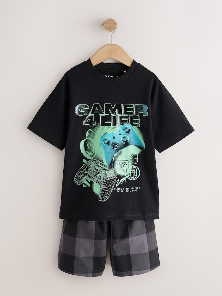 Black/White Check Gamer Shorts Pyjamas 2 Pack (4-16yrs) - Image 2 of 6