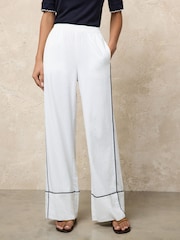 White Linen Rich Wide Leg Trousers With Piping - Image 2 of 7