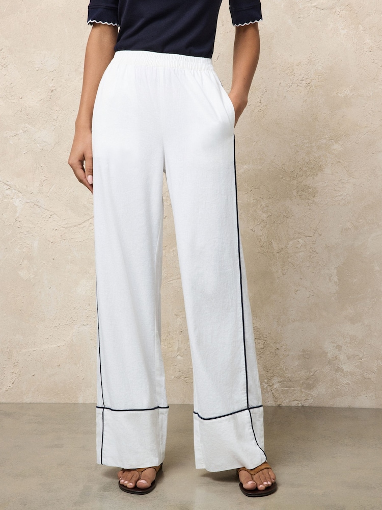 White Linen Rich Wide Leg Trousers With Piping - Image 2 of 7