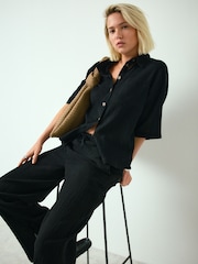 Black Textured Short Sleeve Shirt with Linen - Image 1 of 8