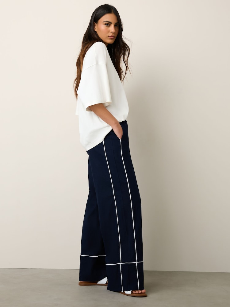 Navy Linen Rich Wide Leg Trousers With Piping - Image 1 of 7