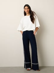 Navy Linen Rich Wide Leg Trousers With Piping - Image 2 of 7