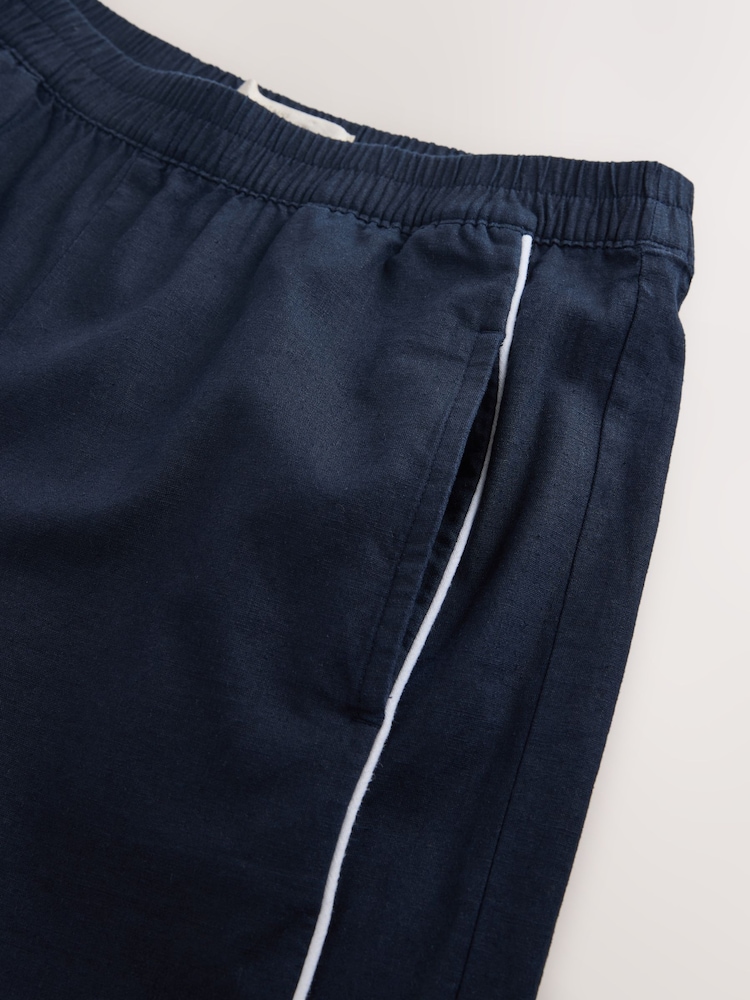 Navy Linen Rich Wide Leg Trousers With Piping - Image 4 of 4