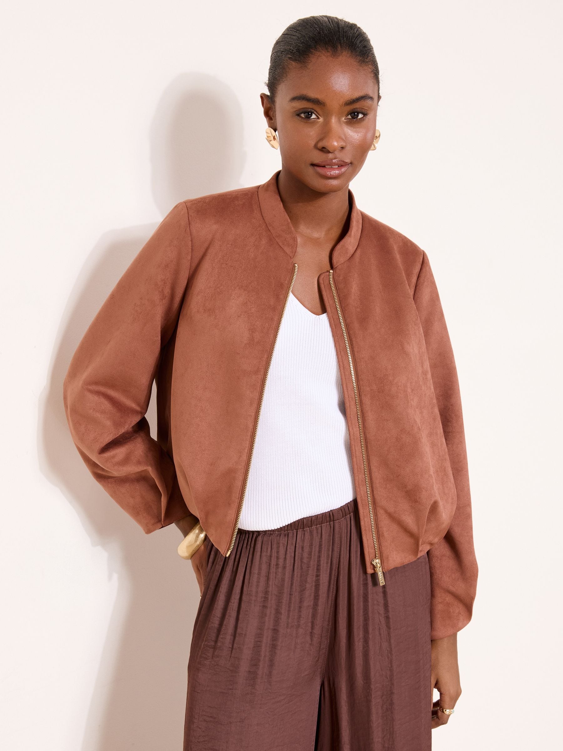 Buy Lipsy Rust Faux Suede Collarless Bubble Hem Jacket from the