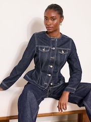 Lipsy Rinse Blue Wash Collarless Cinched Waist Denim Jacket - Image 1 of 5