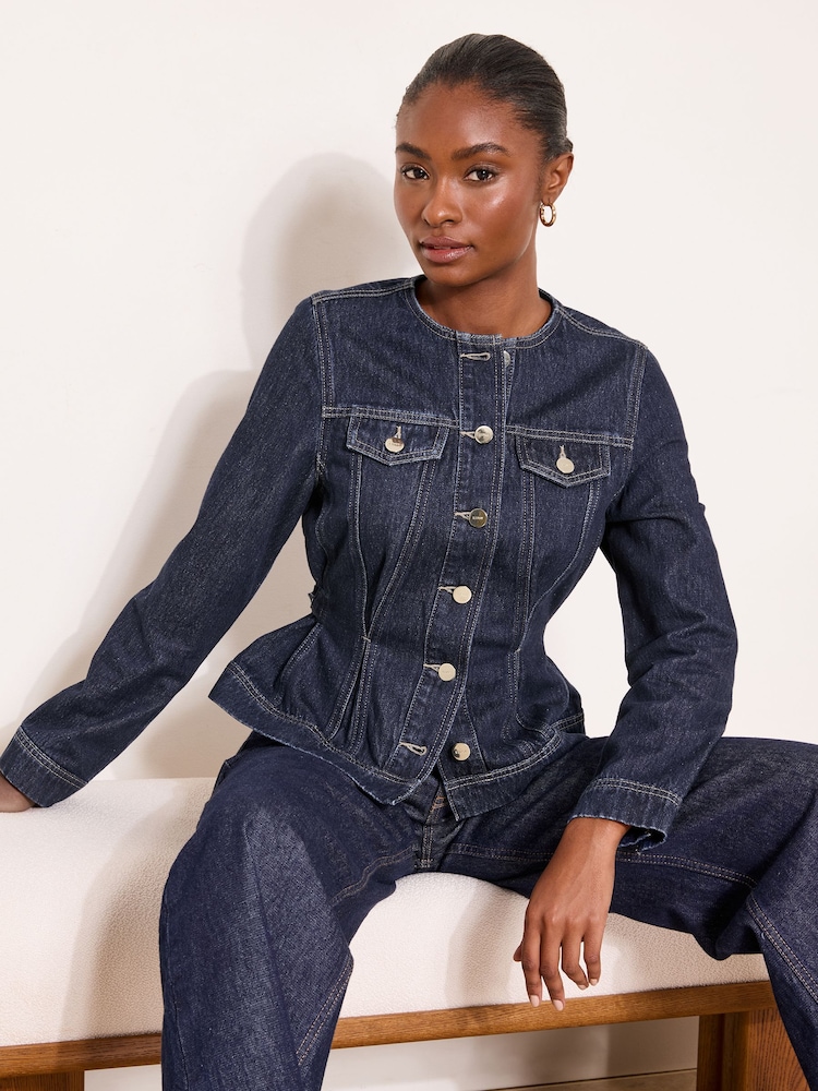 Lipsy Rinse Blue Wash Collarless Cinched Waist Denim Jacket - Image 1 of 5