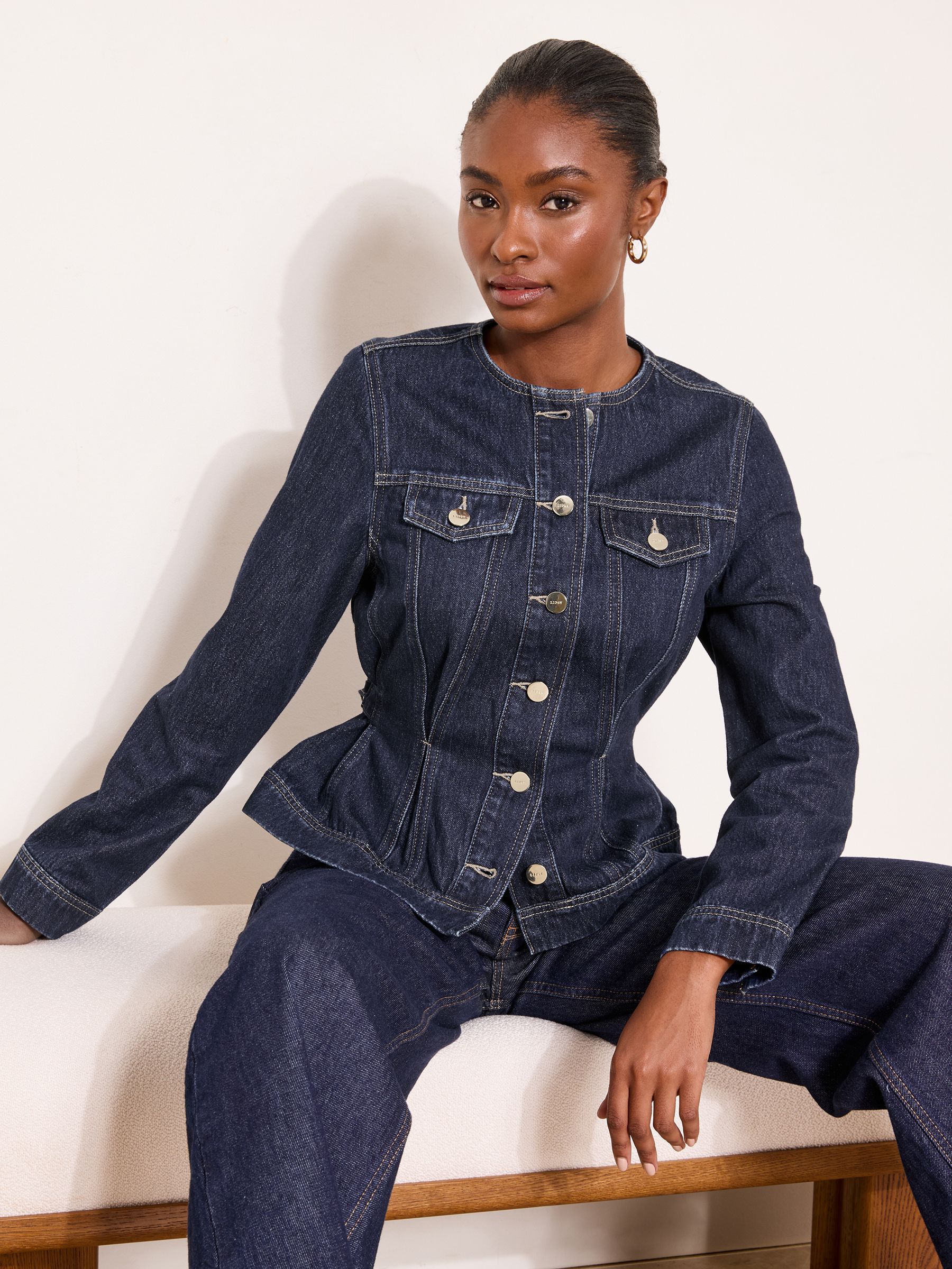 Buy Lipsy Rinse Blue Wash Collarless Cinched Waist Denim Jacket
