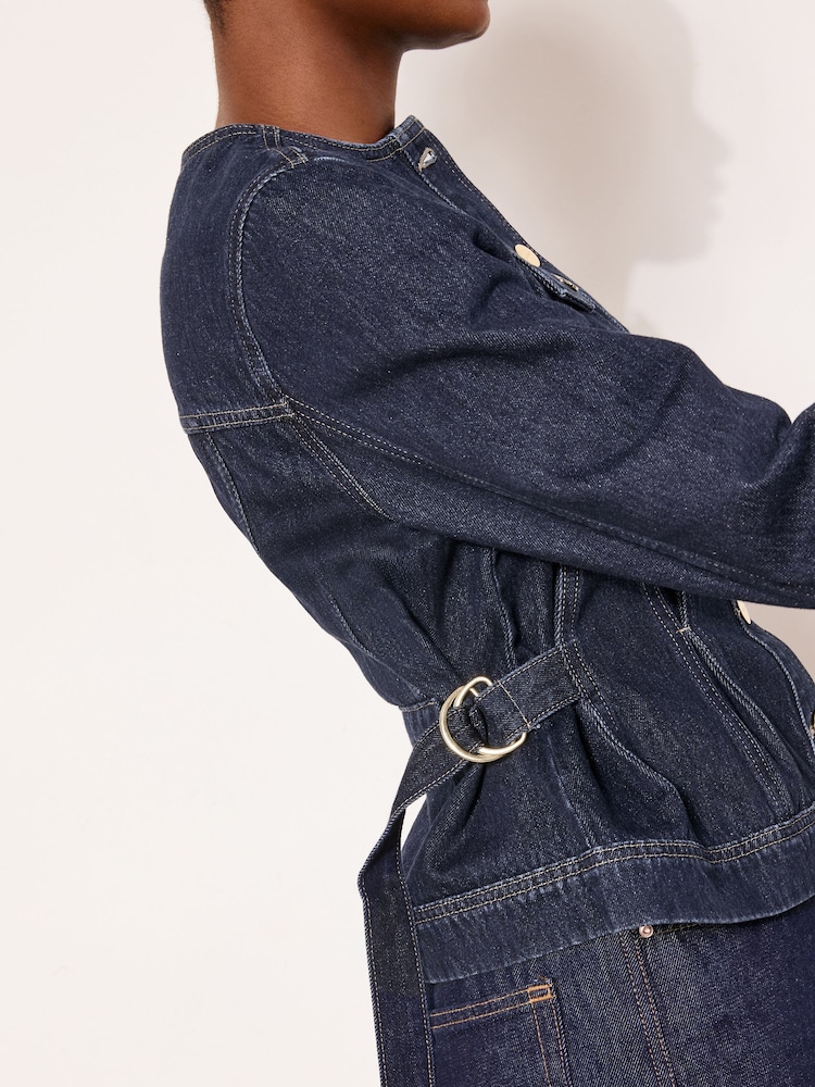 Lipsy Rinse Blue Wash Collarless Cinched Waist Denim Jacket - Image 5 of 5