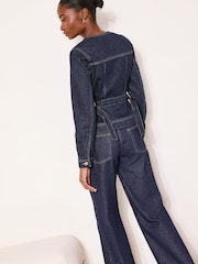 Lipsy Rinse Blue Wash Collarless Cinched Waist Denim Jacket - Image 6 of 6