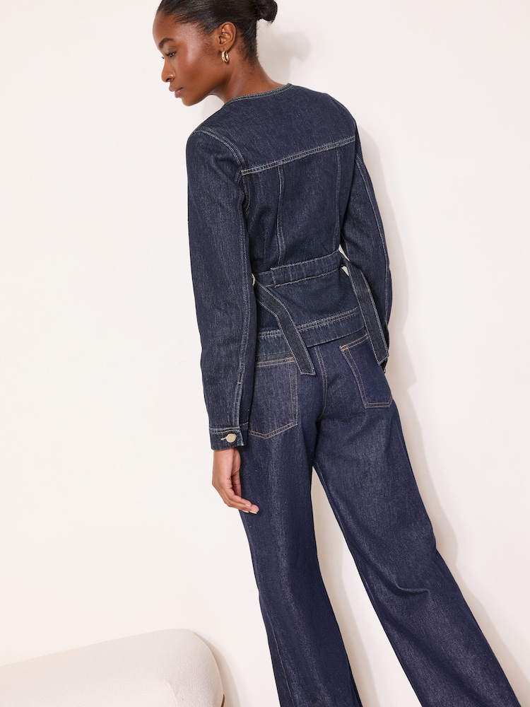 Lipsy Rinse Blue Wash Collarless Cinched Waist Denim Jacket - Image 6 of 6