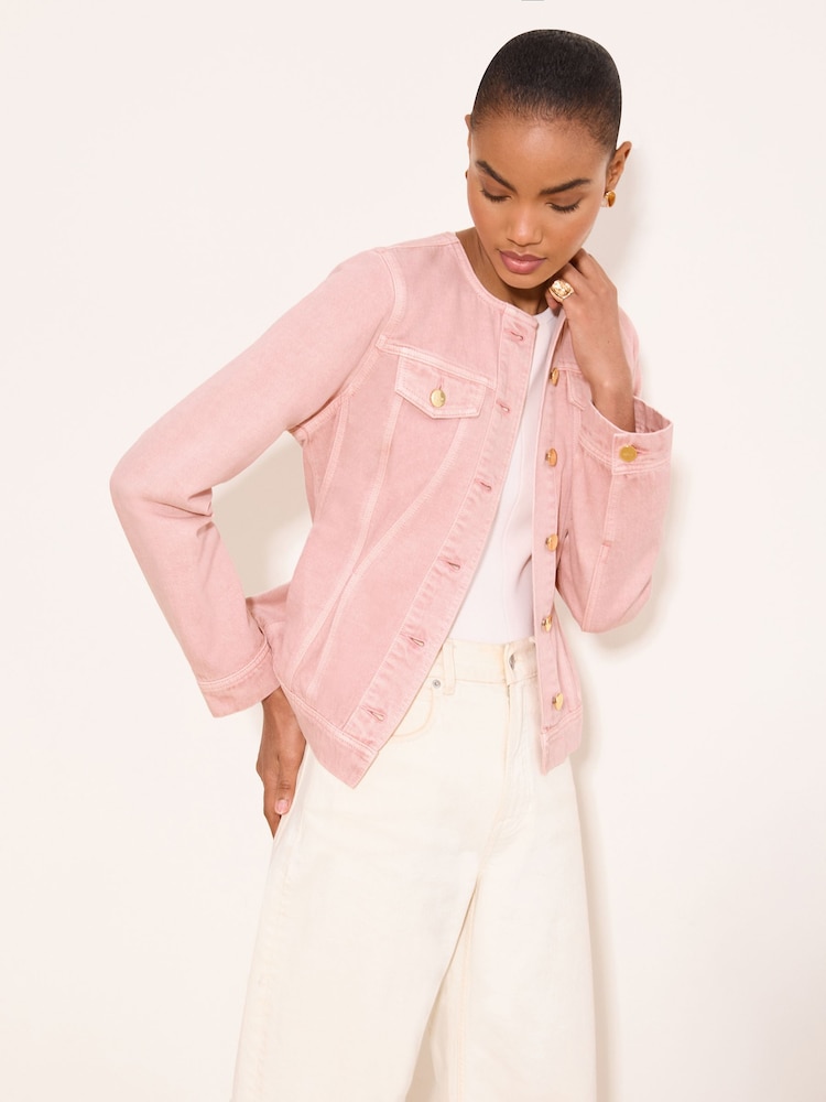Lipsy Pink Collarless Cinched Waist Denim Jacket - Image 1 of 4