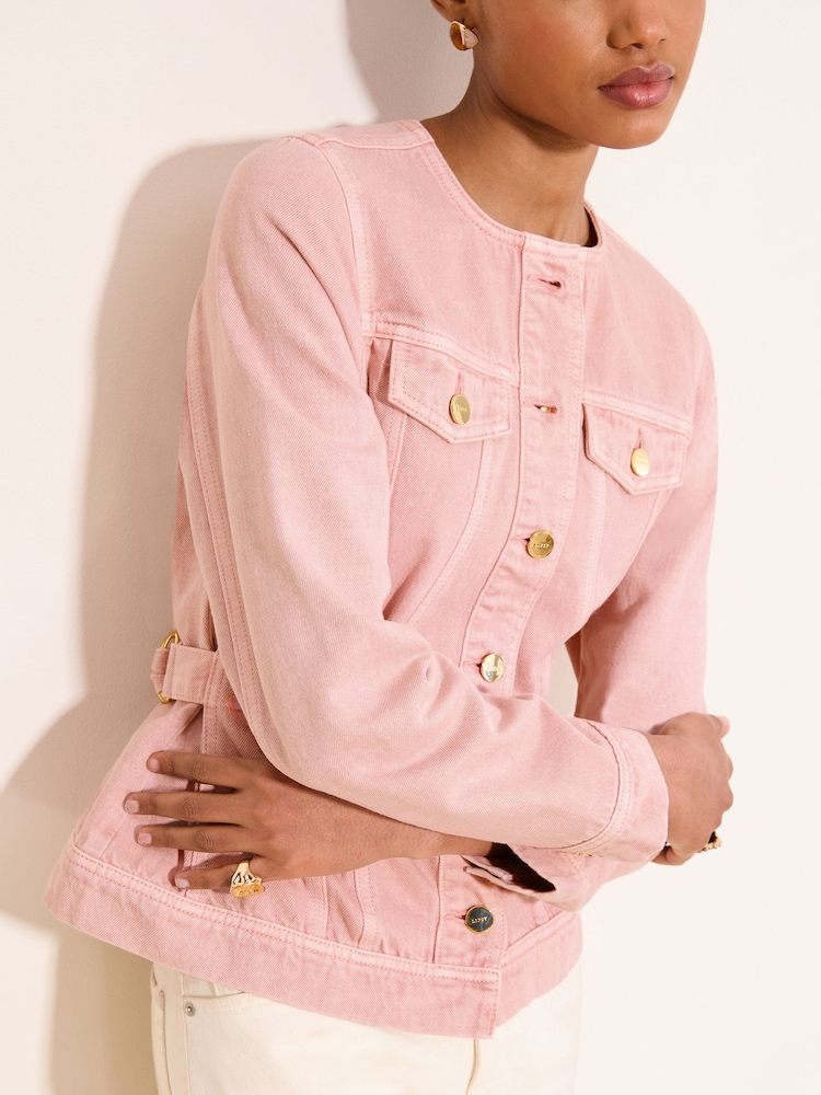 Lipsy Pink Collarless Cinched Waist Denim Jacket - Image 2 of 4