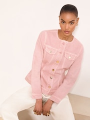 Lipsy Pink Collarless Cinched Waist Denim Jacket - Image 3 of 4