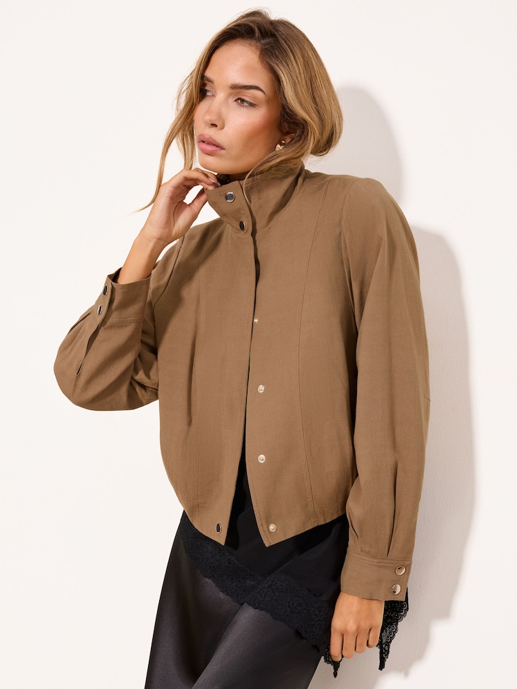 Lipsy Khaki Green Funnel Neck Bubble Hem Jacket - Image 1 of 4 Lipsy Khaki Green Funnel Neck Bubble Hem Jacket - Image 1 of 4