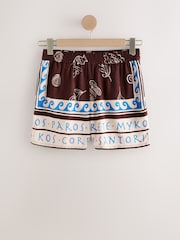 Brown/Blue Print Shorts with Linen - Image 1 of 3
